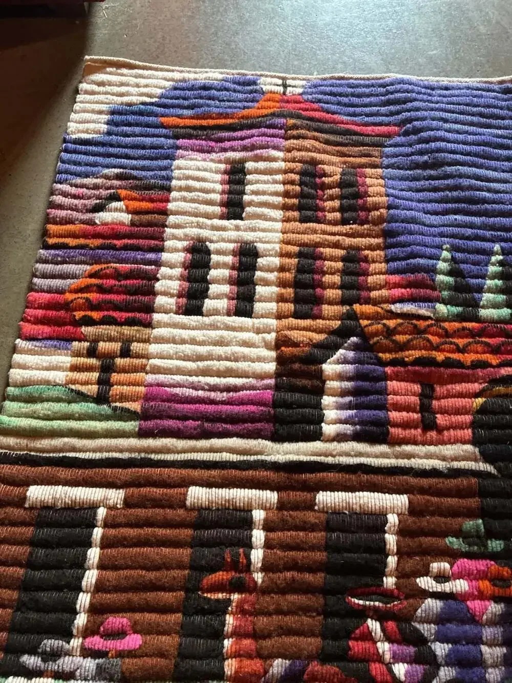 Vintage Handwoven Peruvian Wool Folk Art Wall Tapestry Village Scene